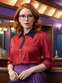 A 42 year old woman with messy ginger hair and dark blue eyes in a red shirt and purple skirt dances on stage at the indoor strip club