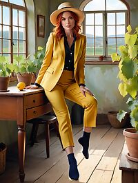 Foxy redhead in a yellow suit seduces her partner amidst the vines
